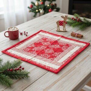 Handmade Quilted Christmas Table Topper Red White Snowflake Patchwork Wall Decor